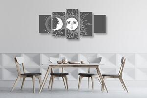 5-részes kép a nap és a hold fekete-fehér harmóniája