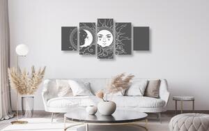 5-részes kép a nap és a hold fekete-fehér harmóniája