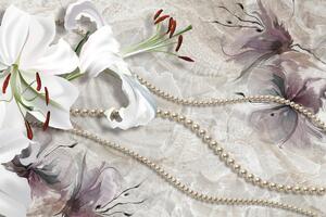 Öntapadó tapéta gyönyörű fehér liliom gyöngyökkel