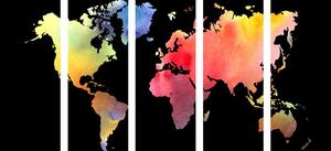 5-részes kép színes világtérkép akvarell kivitelben fekete háttéren