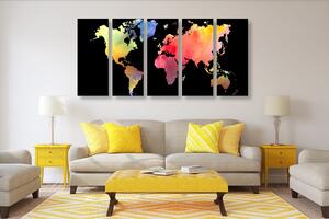 5-részes kép színes világtérkép akvarell kivitelben fekete háttéren