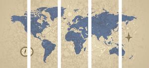 5-részes kép világtérkép iránytűvel retró stílusban