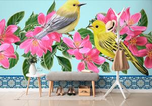 Tapéta madarak és virágok vintage kivitelben