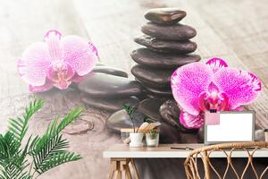 Tapéta orchidea és Zen kövek fa háttéren