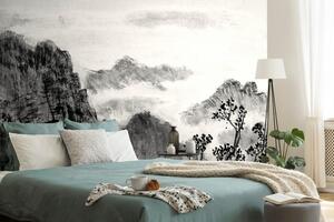 Tapéta kínai táj festménye fekete fehérben