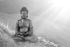 Fotótapéta egy fekete-fehér Buddha szobor meditáló helyzetben