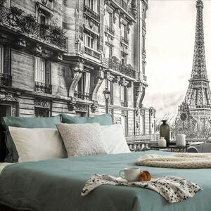 Öntapadó tapéta kilátás az Eiffel toronyra párizsi utcából fekete fehérben