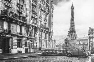 Öntapadó tapéta kilátás az Eiffel toronyra párizsi utcából fekete fehérben