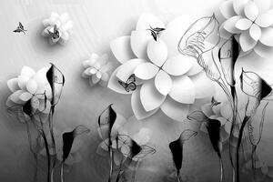 Tapéta absztrakt virágok fekete fehérben - 150x100