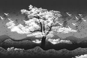 Tapéta fekete fehér fa felhők között - 150x100