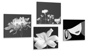 Képszett női elegancia és virágok fekete-fehér változatban