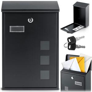 Postaláda, Humberg HM-864, fekete, 39 × 25,5 × 12 cm, galvanizált acél, porszórt, időjárásálló, csendes, felső bedobónyílás, zár 2 kulccsal, ellenőrzőablak