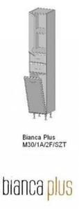 Bianca Plus 30 magas szekrény 1 ajtóval, 2 fiókkal, szennyestartóval, magasfényű fehér színben, jobbos