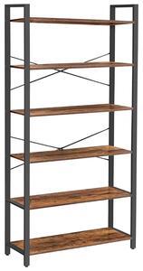 6 szintes könyvespolc, álló polc acélkerettel 30x80x186 cm, rusztikus barna