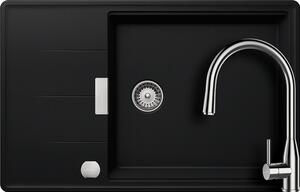 Schock Tia D-100LS konyhai mosogatótálca 780 x 500 mm Cristadur Puro, intenzív fekete és Schock Kavus konyhai csaptelep kihúzható fejjel és szűrőkosár, távműködtető gomb, túlfolyó takaró Inox