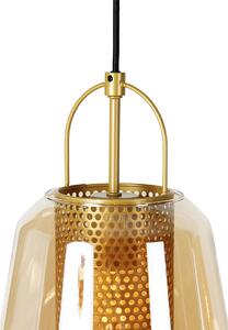 Függesztett lámpa arany borostyánsárga üveggel 23 cm hosszúkás 3 fényű - Kevin