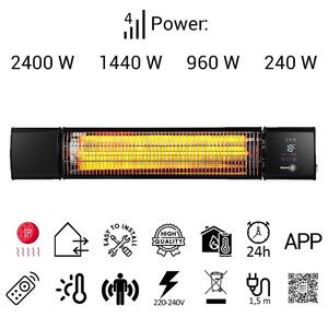 2400/1440/960/240W ElectricSun fekete 100x16 cm-es infravörös teraszfűtő beltéri/kültéri használatra, termosztáttal és alkalmazással