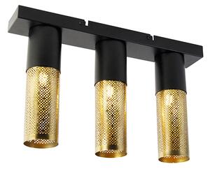 Industriële plafondlamp zwart met goud langwerpig 3-lichts - Raspi