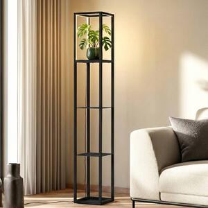 Lindby LED álló világítás Birta, polc, 155 cm, fekete, fém, dimmelhető, Fekete, Nappali / Étkező, fém, Modern