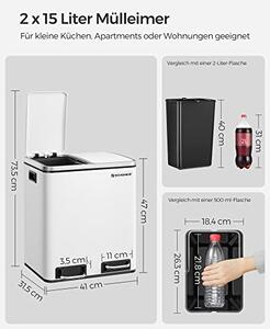 Konyhai szemetes, 2 x 15 literes acél szemetes, lépcsős szemetes belső vödrökkel és fogantyúkkal, puha záródással, szagszigeteléssel, fehér