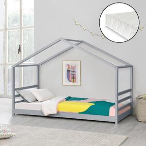 Házikó ágy Vardø matraccal 90x200 szürke [en.casa]