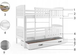 Gyerek emeletes ágy KUBUS tárolóhellyel 80x190 cm - fehér Fehér