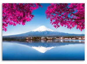 Gario Vászonkép Fuji hegy, tó és rózsaszín levelek Méret: 60 x 40 cm