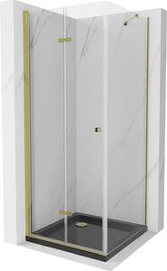 Mexen Lima, zuhanykabin összecsukható ajtóval 80 (ajtó) x 80 (fali) cm, 6mm átlátszó üveg, króm profil + vékony zuhanytálca fekete + arany szifon, 856-080-080-50-00-4070G