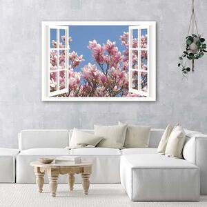 Gario Vászonkép Virágzó magnólia az ablak elott Méret: 60 x 40 cm
