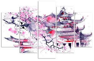 Gario Vászonkép Japán pagoda és cseresznyevirág - 5 részes Méret: 100 x 70 cm