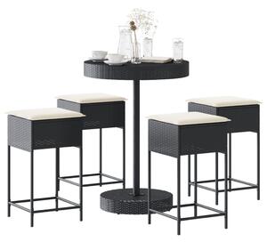5 részes fekete polyrattan kerti bárszett párnával