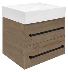 Fürdőszobaszekrény mosdókagylóval és fekete fogantyúval SAT Cube Way 60x53x46 cm tölgyfa Wellington szőnyeg CUBE46C602DWSATCW