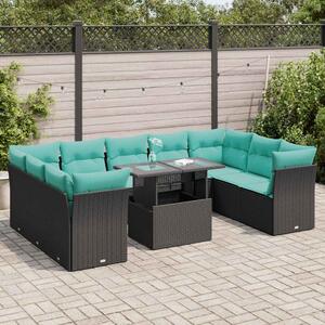 10 részes fekete polyrattan akácfa kerti ülőgarnitúra párnákkal