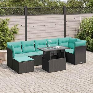 8 részes fekete polyrattan akácfa kerti ülőgarnitúra párnával