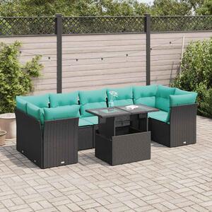 8 részes fekete polyrattan akácfa kerti ülőgarnitúra párnákkal