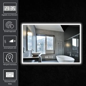 HD Verona 120 cm széles fali szögletes LED okostükör ambient világítással, érintőkapcsolóval, digitális órával és páramentesítő funkcióval