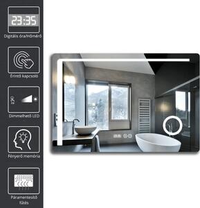 HD Bari 120 cm széles fali szögletes LED okostükör kozmetikai tükörrel, érintőkapcsolóval, digitális órával és páramentesítő funkcióval