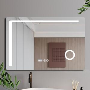 Bari 120 cm széles fali szögletes LED okostükör kozmetikai tükörrel, érintőkapcsolóval, digitális órával és páramentesítő funkcióval