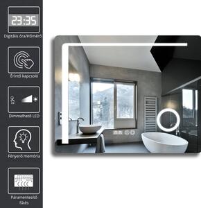 HD Bari 100 cm széles fali szögletes LED okostükör kozmetikai tükörrel, érintőkapcsolóval, digitális órával és páramentesítő funkcióval