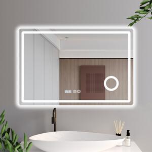 HD Gant 120 cm széles fali szögletes LED okostükör kozmetikai tükörrel, ambient világítással, érintőkapcsolóval, digitális órával és páramentesítő funkcióval