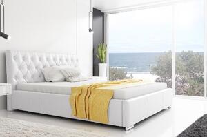 Adelaide divatos ágy magasított fejtámlával és tárolóval, fehér ökobőr, 160 x 200
