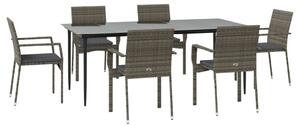 VidaXL 7 részes fekete és szürke polyrattan kerti étkezőszett párnával