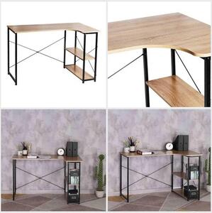 Intenso Home L alakú sarok íróasztal / számítógépasztal polcokkal 120x73cm | Masszív fém váz, fekete - Sonoma tölgy szín