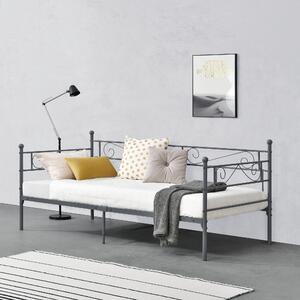 Egyszemélyes fém ágy Kerava 90x200 cm acélváz, szinterezett 200 Kg dekoratív fej-és lábrész sötétszürke, matt fém ágyráccsal