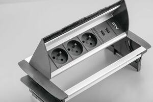 Through-desk power socket letterbox brush cable access with USB, 3x socket SCHUKO, 220-240V AC max. 3600W, 16A