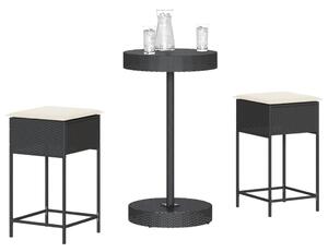 3 részes fekete polyrattan kerti bárszett párnával