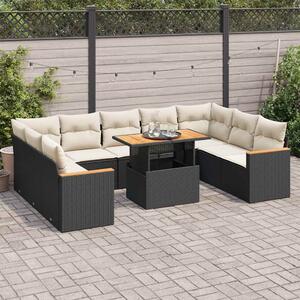 10 részes fekete polyrattan akácfa kerti ülőgarnitúra párnákkal