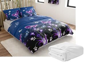 Mikroplüss ágyneműhuzat szett VIOLET BUTTERFLY sötétkék + mikroplüss lepedő SOFT 180x200 cm fehér, dupla ágyhoz
