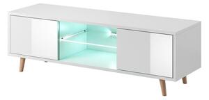TV állvány LED világítással, üveg, magasfényű fehér, 140 cm - SECHELLES