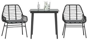 3 részes fekete polyrattan üveg kerti étkezőgarnitúra párnákkal